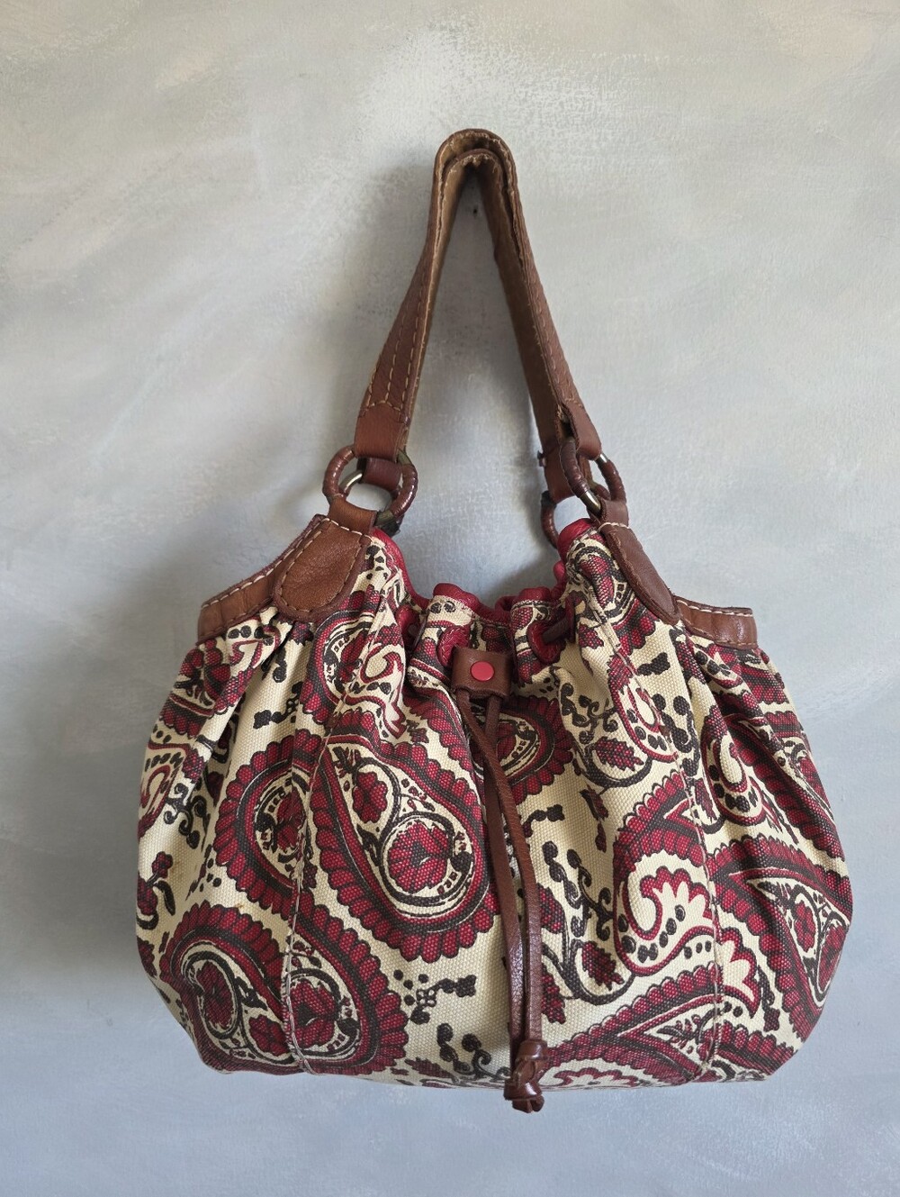 Vtg Lucky Brand Paisley Print Cotton Leather Trim Drawstring Shoulder Bag Hobo